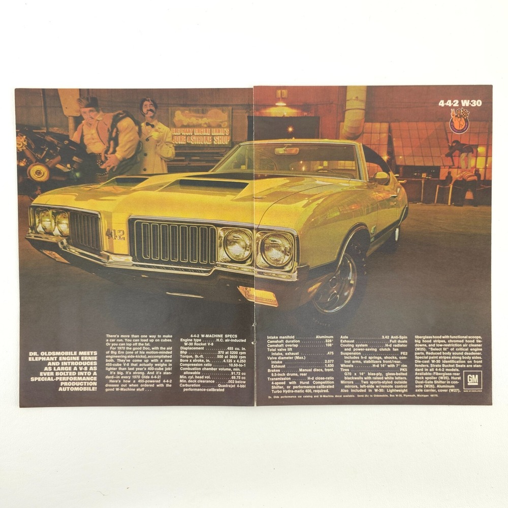 VTG 1970 Oldsmobile 442 W-30 Advertising Print Ad Muscle Car GM Promo Spec Sheet